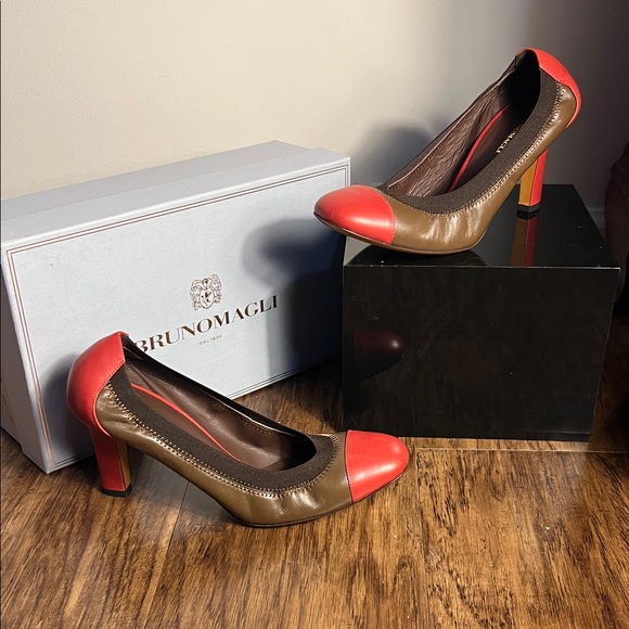 Bruno Magli Shoes - Bruno Magli Brown and Coral Cap Toe Heels